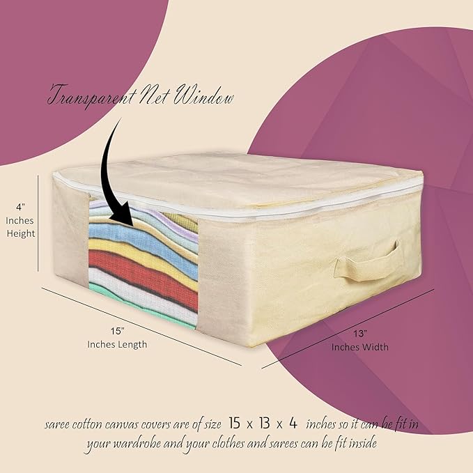 Canvas Storage Bag - Saree Covers with Zip | Canvas Saree/Garment Storage Bag for Dresses, Sarees, Lehengas, Clothes (CANVAS STORAGE BAG L-PACK OF 5, 15 × 13 × 9 Inches PACK OF 5)