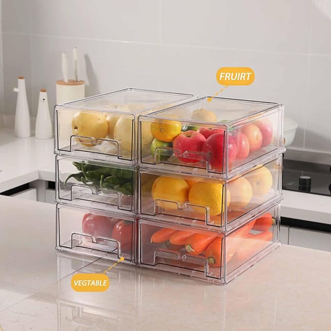 bealy 2 Pack Stackable Clear Drawer Organizer, Large Pull Out Fridge Organizers and Storage Container, Refrigerator Organizers and Storage for Fruit, Produce, Vegetables, Drinks, Snack and Food