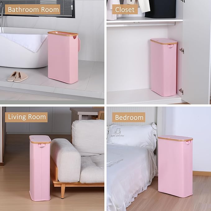 iEGrow 65L Slim Laundry Hamper, Narrow Laundry Basket with Lid,Foldable Clothes Hamper with Bamboo Handles,Hamper Basket with Removable Inner Bag for Laundry Room Bedroom College Dorm,17.17 Gals Pink