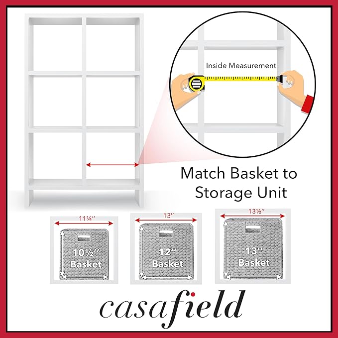 Casafield 12" x 12" Water Hyacinth Storage Baskets, Espresso - Set of 6 Collapsible Cube Organizers, Woven Bins for Bathroom, Bedroom, Laundry, Pantry, Shelves
