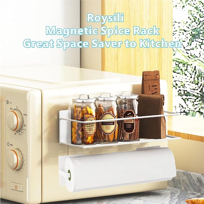 Magnetic Spice Rack For Refrigerator, Space Saving Magnetic Shelf For Fridge White 4 Pack With Magnetic Paper Towel Holder