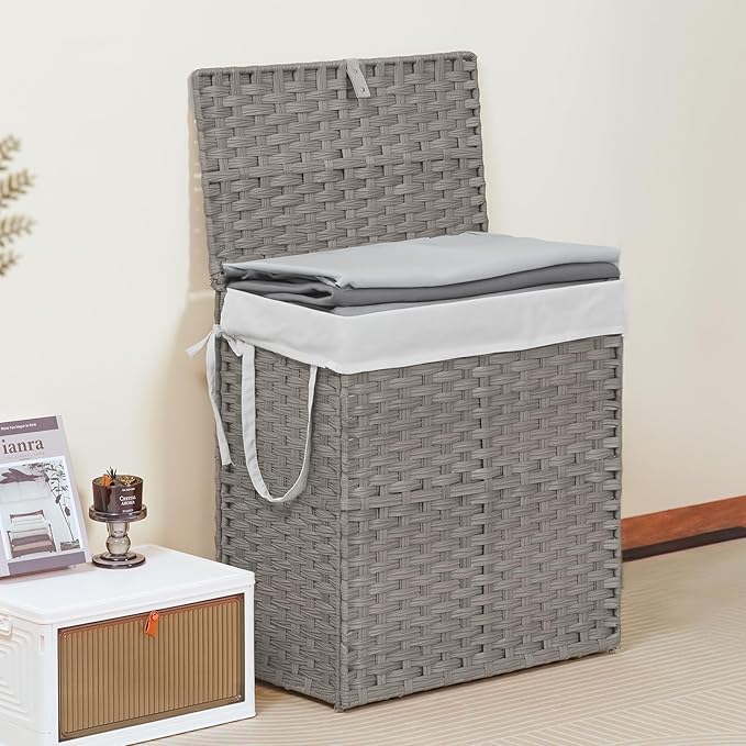 DUMOS Wicker Laundry Basket with Lid, 110L Woven Laundry Hamper with Handles, Foldable Rattan Clothes Hamper with Removable Liner & Sturdy Steel Frame, Dove Gray