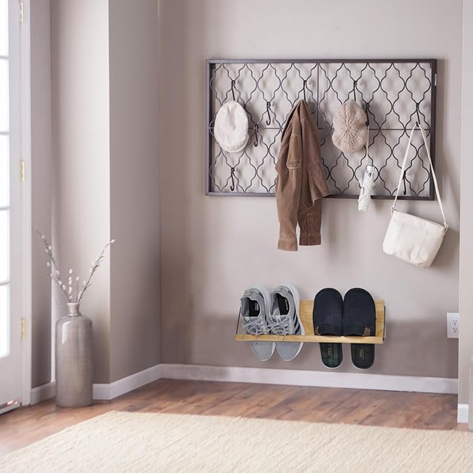 22“ Shoe Rack with Dowel, Wall Hanging Shoe Storage, Organize for Sneaker, Slipper, Boots in Entryway, Hallway, Trailer, RV, Solid Wood_ Beige