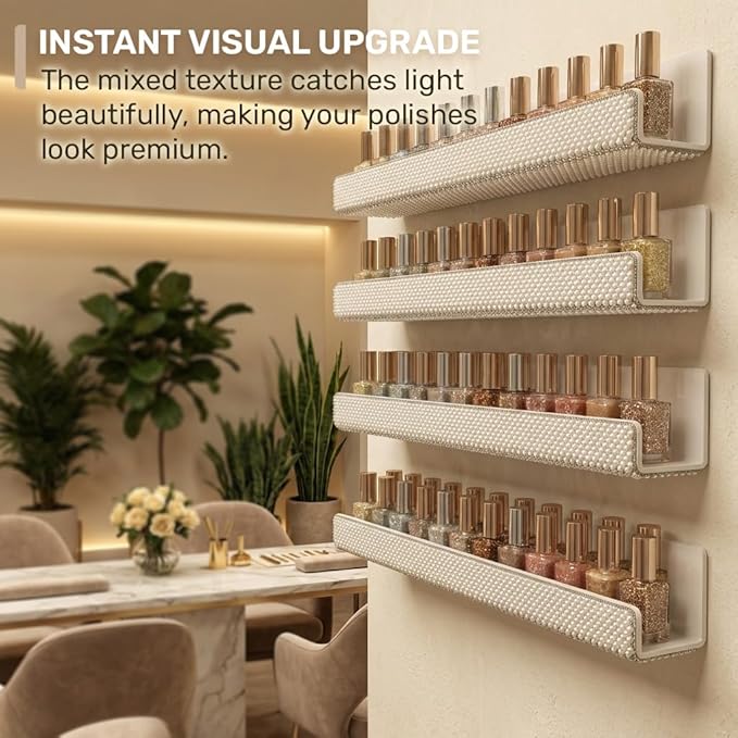 4 Pack 15 Inch Nail Polish Wall Rack，Pearls Crystal Rhinestone Acrylic Nail Polish Organizer，Sunglasses Essential Oil Picture Display Storage Wall Shelf