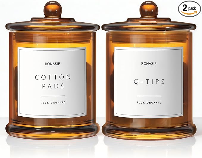 Ronasip Qtip Holder & Cotton Pad Dispenser, Bathroom Organizer and Storage Canisters, 16oz Glass Apothecary Jars for Kitchen, Restroom - Home Decor Accessories, Room Decor Aesthetic (2 Pack, Amber)