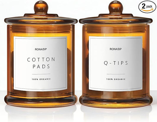 Ronasip Qtip Holder & Cotton Pad Dispenser, Bathroom Organizer and Storage Canisters, 16oz Glass Apothecary Jars for Kitchen, Restroom - Home Decor Accessories, Room Decor Aesthetic (2 Pack, Amber)