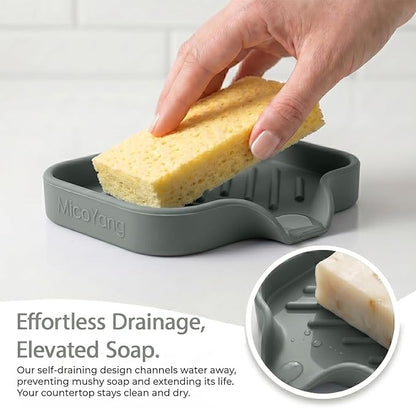 MicoYang Silicone Bathroom Soap Dishes with Drain Spout-Bathroom and Kitchen Sink Organizer,Sponge Holder,Dish Soap Tray,Perfect for Dispenser,Scrubber,Bottle,Cup on Sink or Counter-Grey 4.9"×3.2"