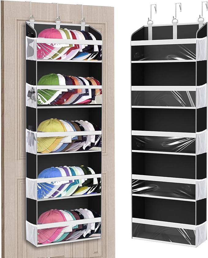 KYEVIS Over the Door Hat Organizer for Baseball Caps, Hold up to 60 Hats Rack Storage for Door/Closet/Wall, Clear Pockets Hanging Hat Holder for Baseball Caps with 10 Mesh Pockets, Grey
