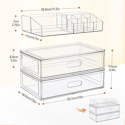 Clear Stackable Makeup Organizer with Drawer, 12''W Acrylic Storage Drawers, Cosmetic Display Case for Vanity Bathroom Countertop, Beauty Holder for Lipstick Brush Skincare Perfume (5 Pack)