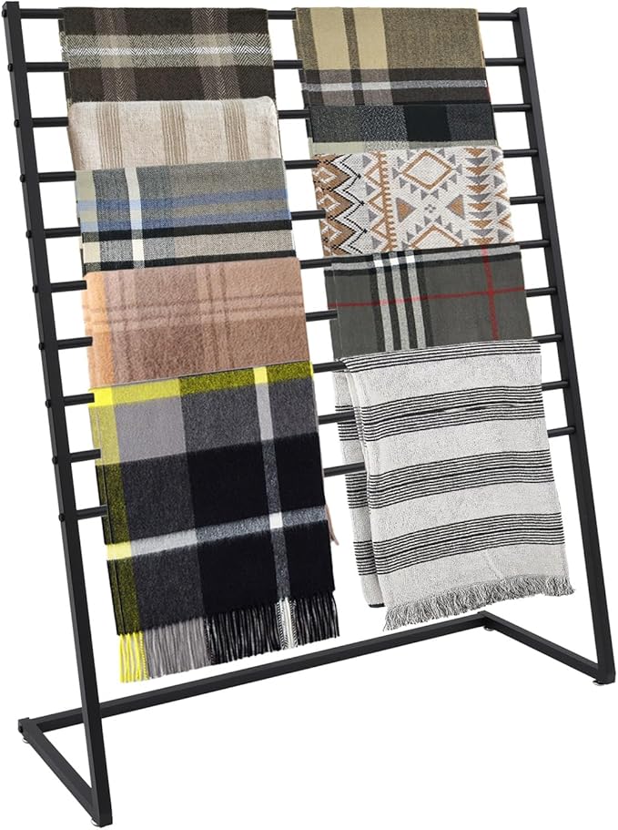 10 Tier Scarf Display Stand, 47.24In Metal Scarf Holder Organizer, Freestanding Scarf Rack for Commercial Clothing Retail Store Towel Rack Ties Belt Pants Hanging Rack (Black)