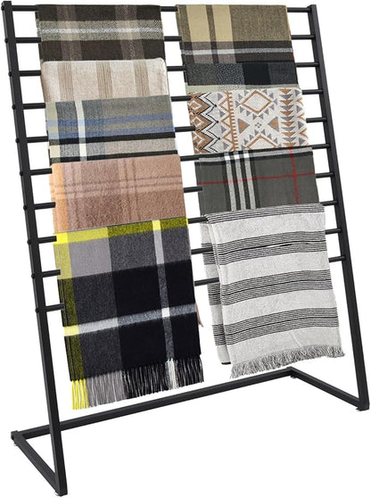 10 Tier Scarf Display Stand, 47.24In Metal Scarf Holder Organizer, Freestanding Scarf Rack for Commercial Clothing Retail Store Towel Rack Ties Belt Pants Hanging Rack (Black)