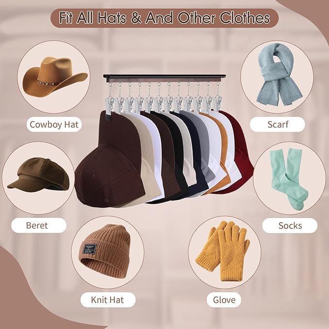 SNOWSTAR Hat Hanger for Closet, 1 Pack Sliding Hat Rack for Baseball Caps, Baseball Hat Organizer Holder with 12 Large Clips, Ball Cap Organizer Wall Space Saving Design