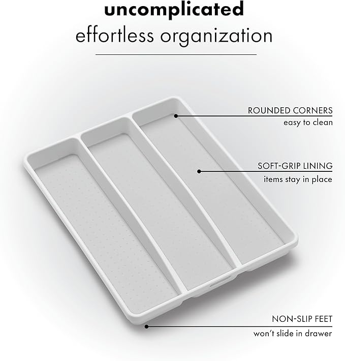 madesmart 3 Compartment Utensil Tray, Multi Purpose Storage Organizer, Non Slip Lining,Deep Storage for Ladles, Whisks & Serving Tools, for Drawers & Home Organization, White (Pack of 3)