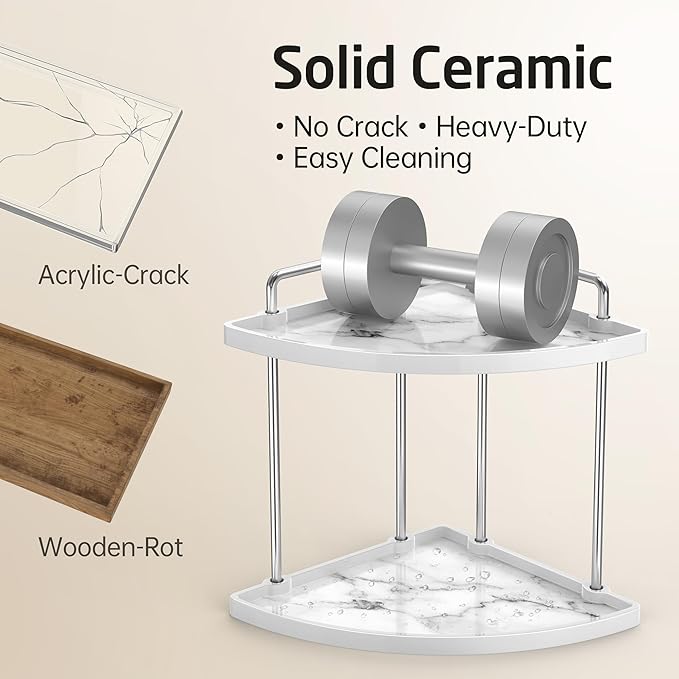 KES Hancrafted Ceramic Corner Bathroom Counter Organizer, 2-Tier Bathroom Countertop Organizer with Marble Pattern, Vanity Skincare Perfume and Makeup Storage, Polished Chrome, BSC901-CH