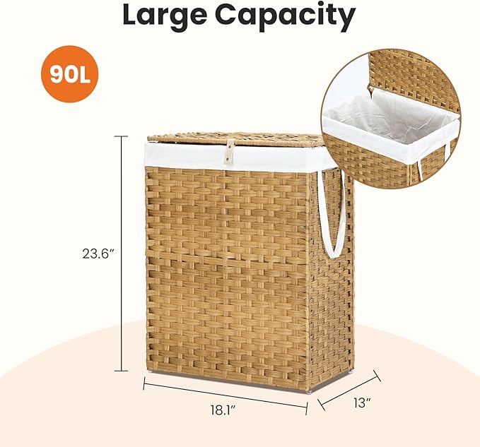 DUMOS Woven Laundry Basket with Lid, 90L Large Capacity Hamper, Removable & Machine-Washable Liner, Foldable Rattan Clothes Hamper, Sturdy Steel Frame, Odor Control, Goose Yellow