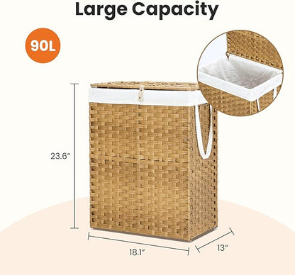 DUMOS Woven Laundry Basket with Lid, 90L Large Capacity Hamper, Removable & Machine-Washable Liner, Foldable Rattan Clothes Hamper, Sturdy Steel Frame, Odor Control, Goose Yellow