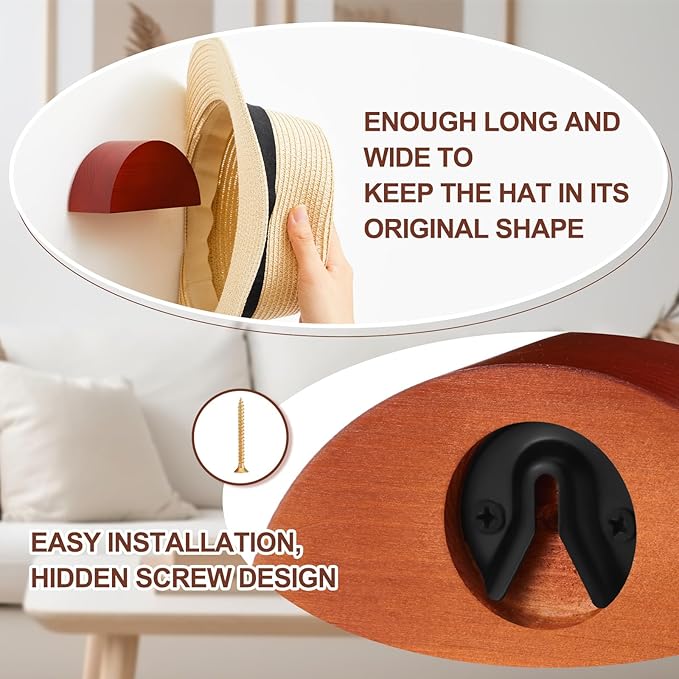 Briwooody 4 Pack Cowboy Hat Rack Holder, Retro Wooden Hat Hanger Wall Mount – Keeps Original Shape, Rustic Western Decor for Fedoras, Caps, Display