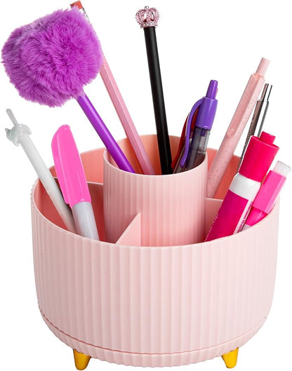 Paris Hilton 360° Rotating Makeup Brush Holder, Fluted Design with 5 Compartments, Glam Organizer for Brushes & Tools, Pink