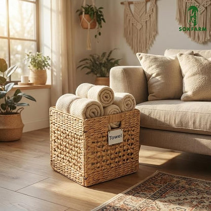 2 Pcs Storage Baskets For Shelves, 12 Inch Cube Organizer Bins, Water Hyacinth Wicker Basket For Blankets, Woven Basket, Foldable Hyacinth Storage Baskets For Organizing Bathroom, Bedroom, Laundry