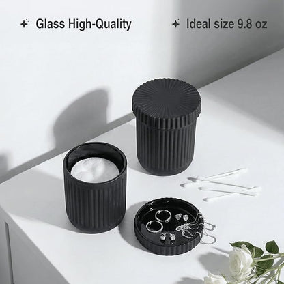 2 Pack Qtip Holder - Apothecary Jars with Lids, Bathroom Organizers and Storage Canister for Cotton Balls,Swabs,Floss Picks,Hair Ties,Clear Glass Vintage Bathroom Decor Jar Set (Black)