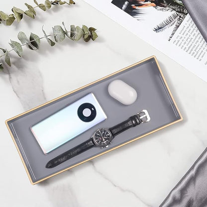 MAONAME Gray Bathroom Tray, Plastic Vanity Tray, Long Narrow Countertop Trays with Handles, Perfume Organizer Trays for Dresser, Bathroom Accessories, 13.8" x 6" x 1.57"