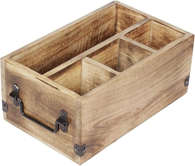 Mother's Day Gifts Wooden Kitchen Utensil Holder With 4 Compartments Wood Cutlery Utensil Organiser Flatware Caddy Organizer for Party | Silverware Condiment Organizer with Napkin Holder for Dining