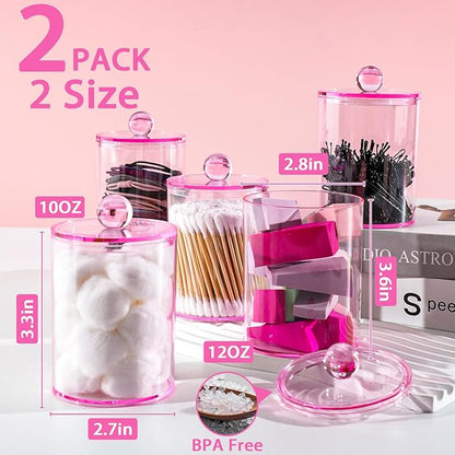 XIPENGKEJI 2 Pack Qtip Holder,Canister Apothecary Jar Set, Bathroom Jars with Lids Set for Cotton Swabs, Balls, Pads, Floss Picks,10oz-12oz Plastic Canisters Restroom Bedroom Vanity Organizer(Pink)