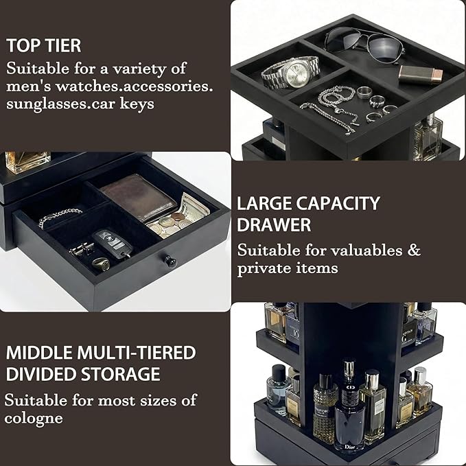4-Tier Rotating Cologne Organizer with Drawer for Men, Large Capacity Perfume Organizer, Mens Gifts & Desktop Accessories Stand - Spacious for Bottles & Men's Essentials Storage, Modern Black