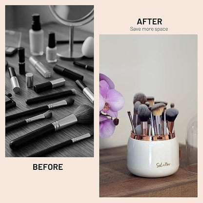 Rotating Makeup Brush Holder with Lid – Dustproof Vanity Organizer for Makeup Brushes, Bonus Foldable Makeup Brush Cleaner Bowl Included, Elegant White Storage Solution