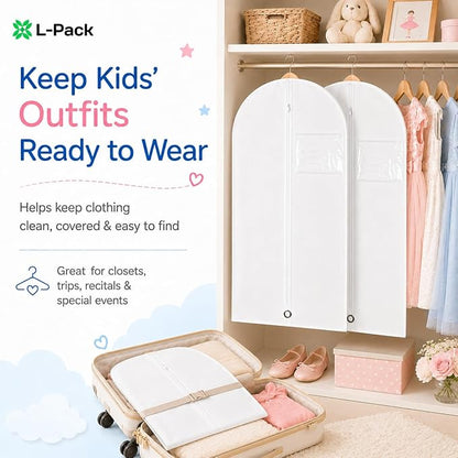 Kids Garment Bag 2 Pack for Hanging Clothes, Travel Garment Bags for Dresses, Dance Costumes & Suits, Breathable Clothes Cover for Baby Toddler Child,White, 30" x 18"