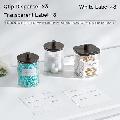 3 Pack Glass Qtip Holder Dispenser- 10 oz Clear Canister Apothecary Jar, Bathroom Vanity Storage Organizer Set for Cotton Swabs, Pads, Floss Picks, Small Containers for Makeup Storage (Brown)