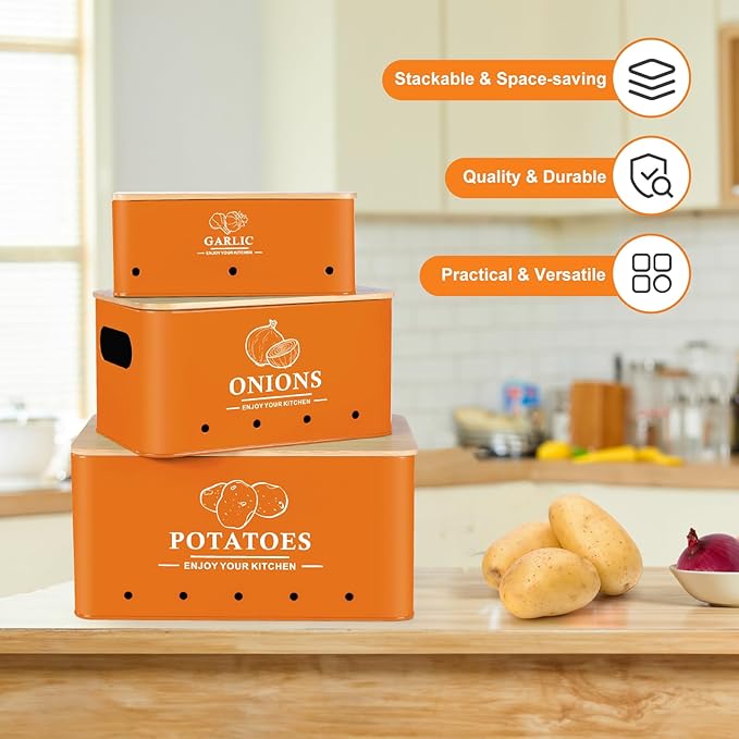 Kitchen Vegetable Storage Set of 3, Metal Onion Garlic Potato Storage Set, Kitchen Canisters Vegetable Keeper Containers with Aerating Holes and Wooden Lid (Orange)