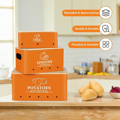 Kitchen Vegetable Storage Set of 3, Metal Onion Garlic Potato Storage Set, Kitchen Canisters Vegetable Keeper Containers with Aerating Holes and Wooden Lid (Orange)