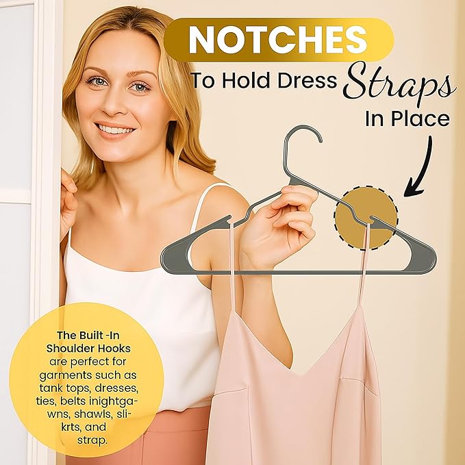 Our Modern Space 100 Pack Plastic Hanger for Shirt Pants Coats Dresses Skirts Suits Jackets - Standard Thick Coat Hanger - Sturdy & Durable Design with Shoulder Grooves Hook - Grey