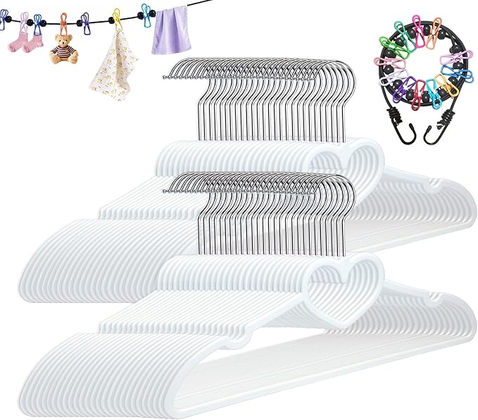 Plastic Hangers 50 Pack, Cute Clothes Hanger Ultra Thin Space Saving with 360 Degree Swivel Hook &Travel Clothesline -Strong Adult for Dress,Shirt,Coats