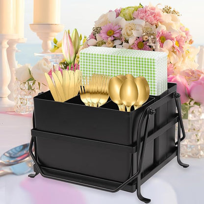 NelyBet Silverware Caddy Utensil Organizer With Handle, Outdoor Picnic and Camping Utensil Holder, Flatware Holder for Party Gatherings, Metal - Black