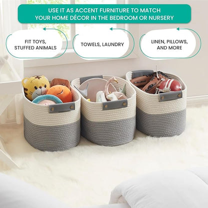 3 Pack Cotton Rope Storage Basket Woven Shelf Storage Bin with Faux Leather Handles, Decorative Closet Shelf Woven Basket for Storage Organizers, 15 x 10 x 9, White/Gray