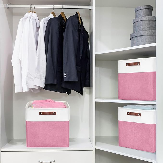 Bagnizer 13x13 Cube Storage Bins, Collapsible Fabric Storage Box, 4 Pack Closet Baskets with Handles for Organizing, Shelf, Toys, Clothes, Home, Office, Nursery (Pink&White)