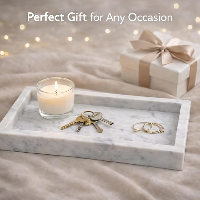 Natural White Marble Tray for Bathroom | Kitchen | Vanity | Desktop, Stone Organizer for Coffee Table, Dresser, Nightstand, Candles, Soap, Towel, Plant, Jewelry (10" x 6"), Rectangular