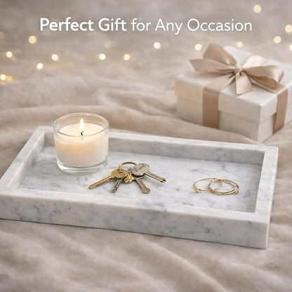Natural White Marble Tray for Bathroom | Kitchen | Vanity | Desktop, Stone Organizer for Coffee Table, Dresser, Nightstand, Candles, Soap, Towel, Plant, Jewelry (10" x 6"), Rectangular