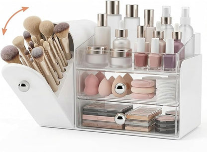 Makeup Organizer with Dustproof Brush Holder, Large Capacity Skincare & Cosmetic Storage for Vanity, 3-Tier Bathroom Countertop Organizer with Drawers for Perfume, Lipstick, Mask, Ideal Gift (White)