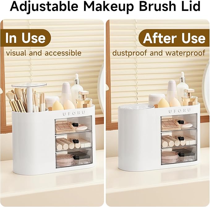UFORU Makeup Organizer with Pop-Up Brush Holder for Dresser Vanity, Plastic Bathroom Counter Organizer with 3 Drawers & Dust-Proof Cover, Cosmetic Display Case for Lipstick, Skincare, White