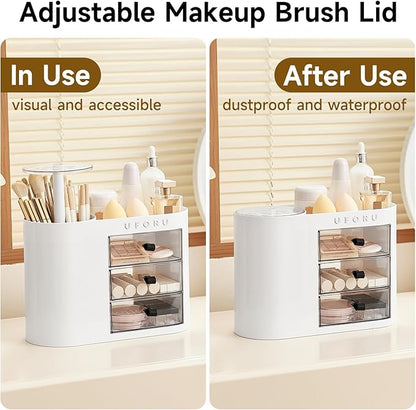 UFORU Makeup Organizer with Pop-Up Brush Holder for Dresser Vanity, Plastic Bathroom Counter Organizer with 3 Drawers & Dust-Proof Cover, Cosmetic Display Case for Lipstick, Skincare, White
