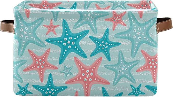 Bolaz Large Storage Basket Nautical Ocean Starfish Foldable Storage Box Organizer Bins with Handles for Bedroom Home Office