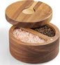OUTNILI 2-Compartment Acacia Salt Box with Lid and Spoon, Salt Cellar with Swivel Lid, Salt Container Holder for Sea Salt Herbs or Favorite Seasonings, Dual 6 oz Salt Bowl