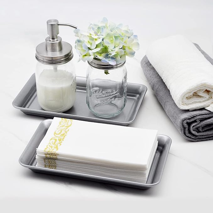 Vintage Farmhouse Decor Metal Vanity Tray(2 Pack),Countertop Guest Hand Towel Storage Organizer Tray Dispenser, Sturdy Holder for Perfume,Cosmetics, Jewelry, Makeup Bathroom Organizer (Silver)