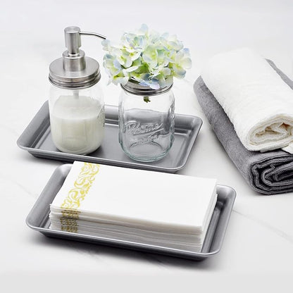 Vintage Farmhouse Decor Metal Vanity Tray(2 Pack),Countertop Guest Hand Towel Storage Organizer Tray Dispenser, Sturdy Holder for Perfume,Cosmetics, Jewelry, Makeup Bathroom Organizer (Silver)