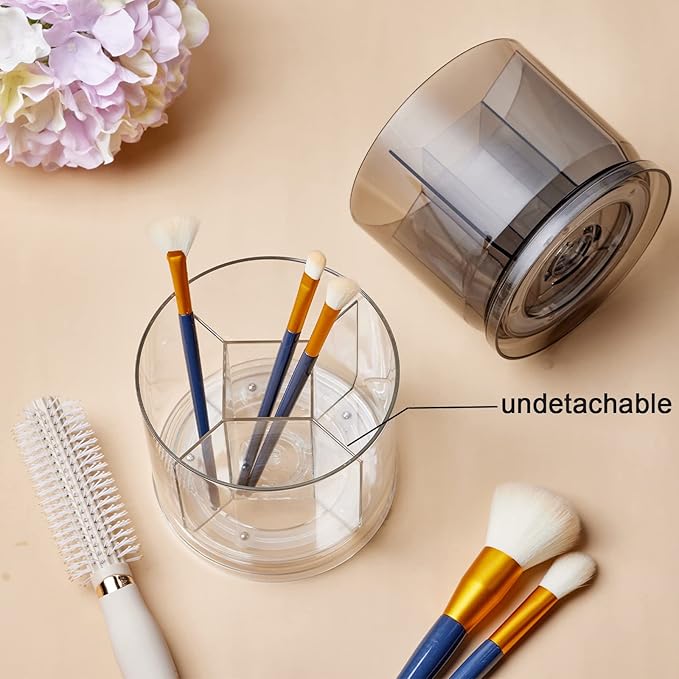Makeup Brush Holder Organizer -Rotating 360° Clear Storage Cup Containers for Vanity, Desk, Countertop, Spinning Pen Holder for Desk, Round Make up Brush Stand with 5 Slots, for Cosmestics (Clear)