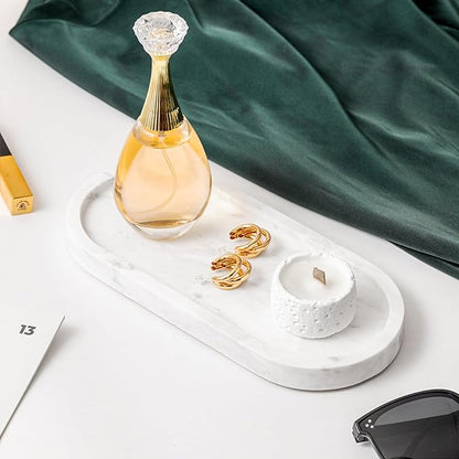 Natural Marble Vanity Tray Italy Oval Stone Trays for Candles Perfume, Decorative Jewelry Dish for Small Items, Countertop Storage Organizer for Home Bathroom Kitchen Matte Surface White (BH101)