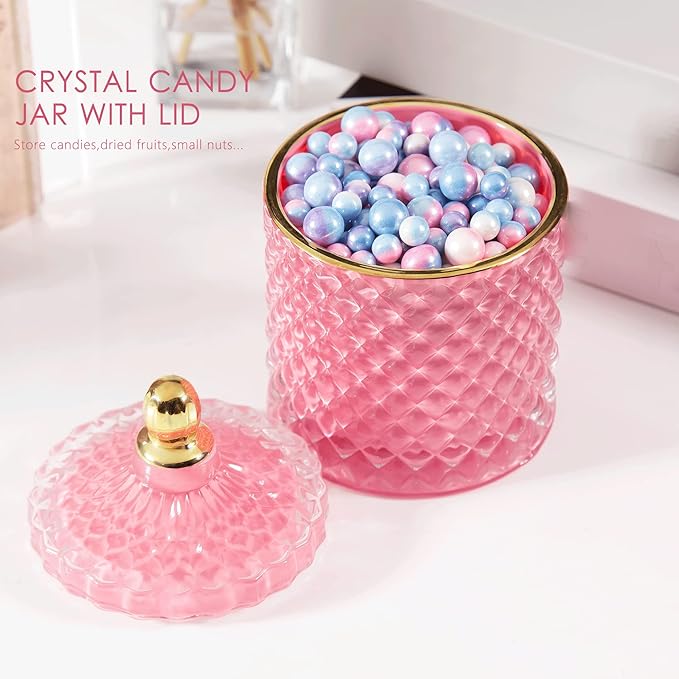 ALAMHI Pink Candy Jar, Glass Candy Dish with Lid, Crystal Apothocary Jars with Lids Jewelry Box with Lids, Decorative Glass Jar Gifts for Women